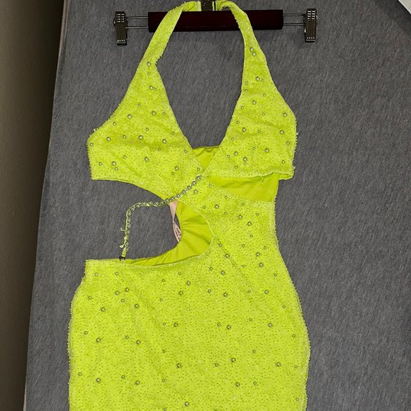 Lime Green Mini Embellished Dress - Picture 1 of 3